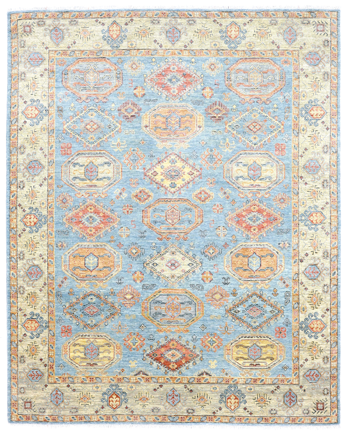 Decorative rug with geometric pattern on a light blue background